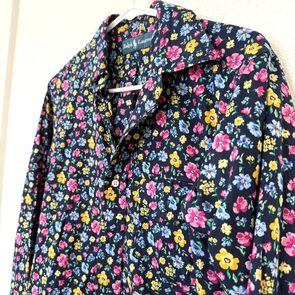 RALPH LAUREN Button Up Shirt Navy Multicolor Floral Cotton Long Sleeve Women S - Picture 3 of 5